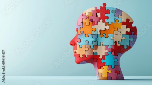 Puzzle of identity human profile silhouette conceptual art studio setting colorful environment side view mental health