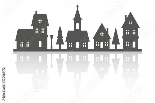 Silhouette of houses on skyline. Neighborhood vector row of homes with reflection on white background. Small black village cottages. Christmas rural landscape with church and trees. Cute country