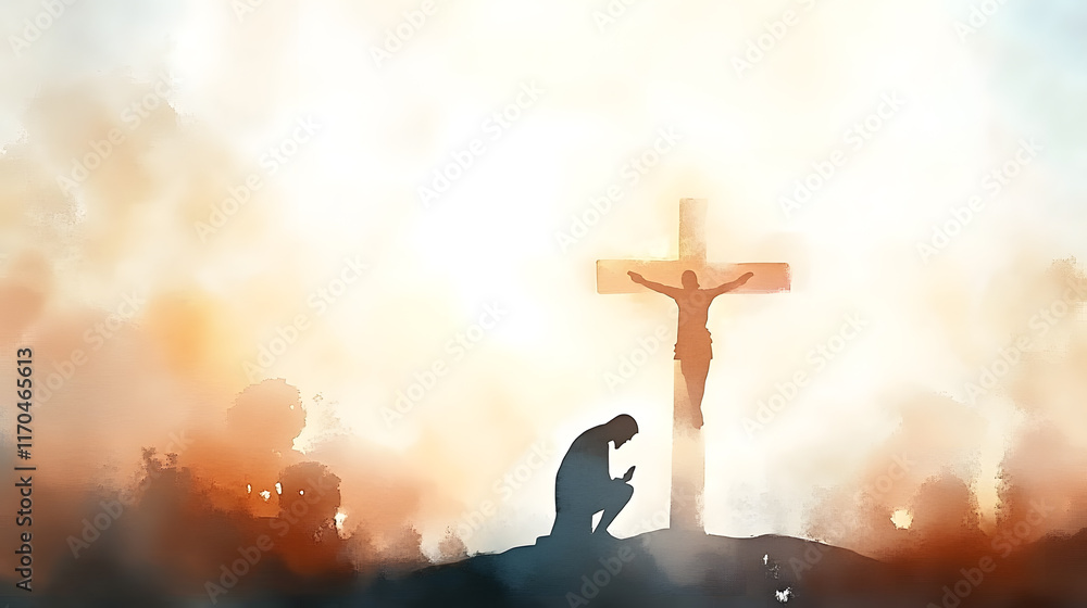 Man kneeling in front of a cross Man kneeling in front of a cross