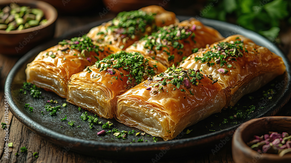 Delicious baklava with pistachio served on a plate. Delicious baklava with pistachio served on a plate.