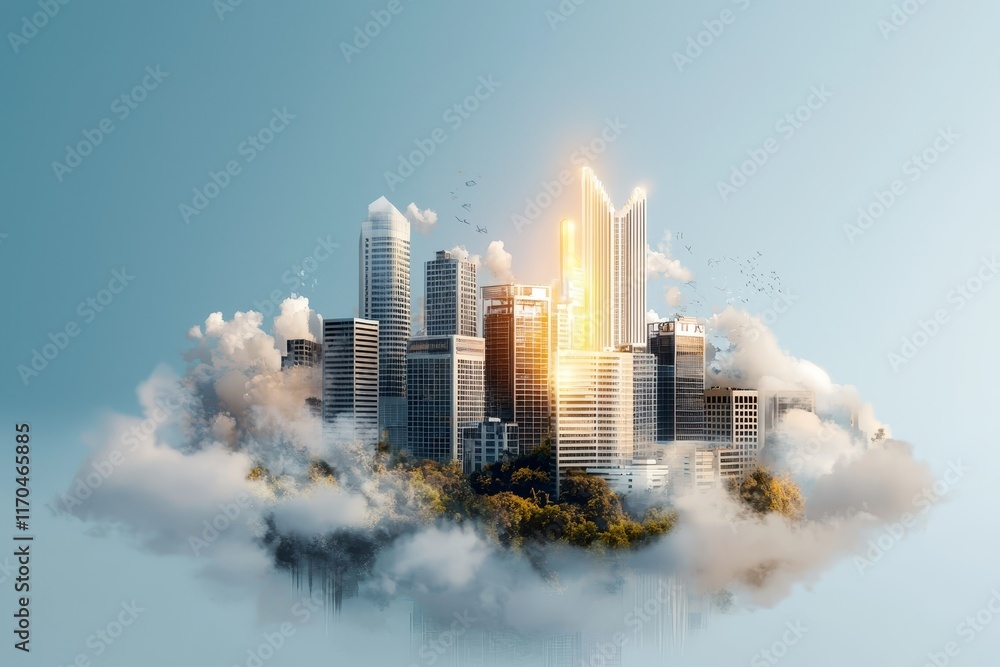 Aerial View of a Futuristic Cityscape Emerging from Clouds with Radiant Sunlight Illuminating Skyscrapers Surrounded by a Serene Sky and Floral Elements
