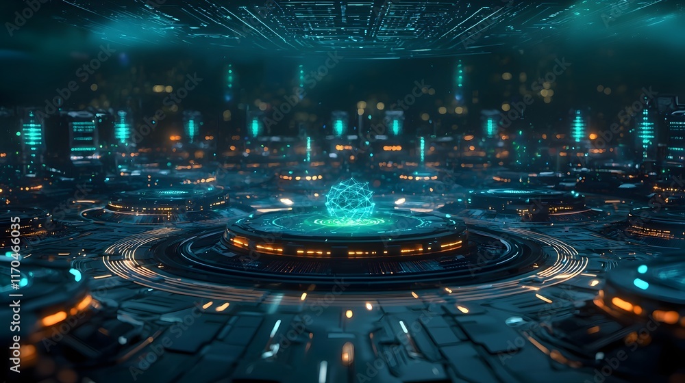 Fototapeta premium A futuristic data center with quantum computing servers emitting glowing blue and green lights surrounded by holographic data streams leaving copy space at the top for text overlay or composition