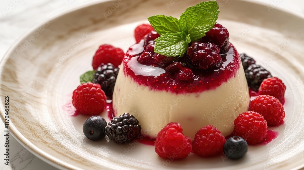 Panna cotta with berry coulis and mint leaves Panna cotta with berry coulis and mint leaves