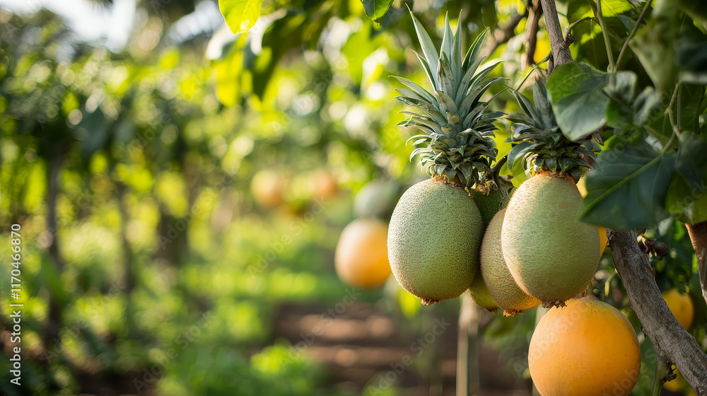 Tropical and farm garden fruits, organic healthy food. Vector exotic fruits pineapple, mango and papaya, farmer watermelon, orange and pomegranate, grapes, apple and pear, durian and guava Tropical and farm garden fruits, organic healthy food. Vector exotic fruits pineapple, mango and papaya, farmer watermelon, orange and pomegranate, grapes, apple and pear, durian and guava