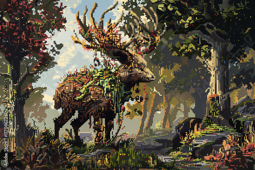 Create a pixel art masterpiece depicting the Spirit of the Forest from unique camera perspectives Blend surreal elements with intricate details to evoke a sense of mystery and enchantment photo