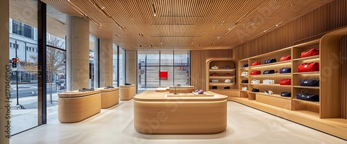 Modern retail store interior with wood accents, showcasing bags and clothing on display.