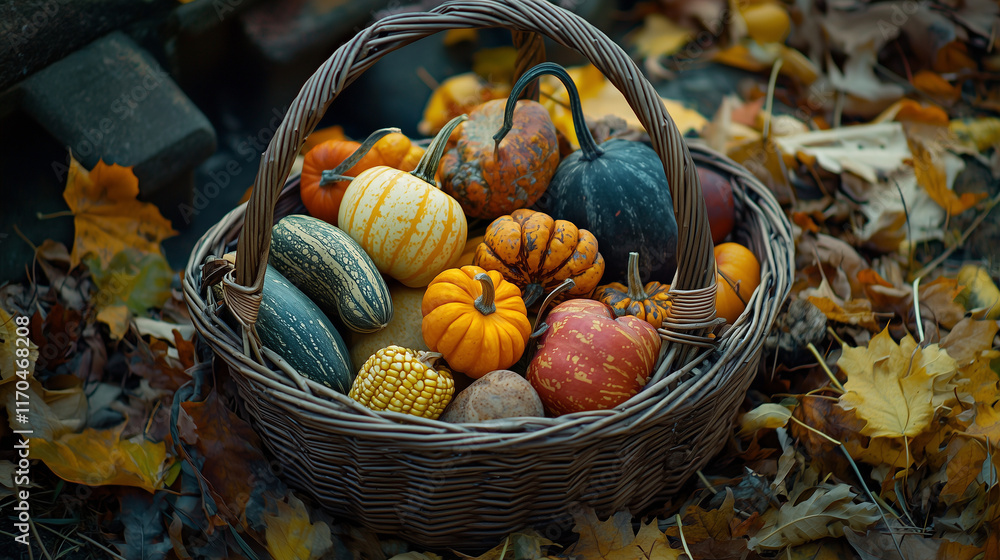 Autumn Basket Overflowing with Colorful Vegetables Amidst Golden Fall Leaves Autumn Basket Overflowing with Colorful Vegetables Amidst Golden Fall Leaves