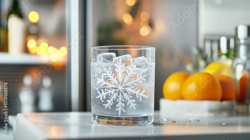 Summer refreshing drink, cold water in glass with ice cubes, snowflakes sign. Vector cocktail sign, froze liquid in fridge, beverage with ice cubes, juice or alcohol drink in cup, thin line outline photo