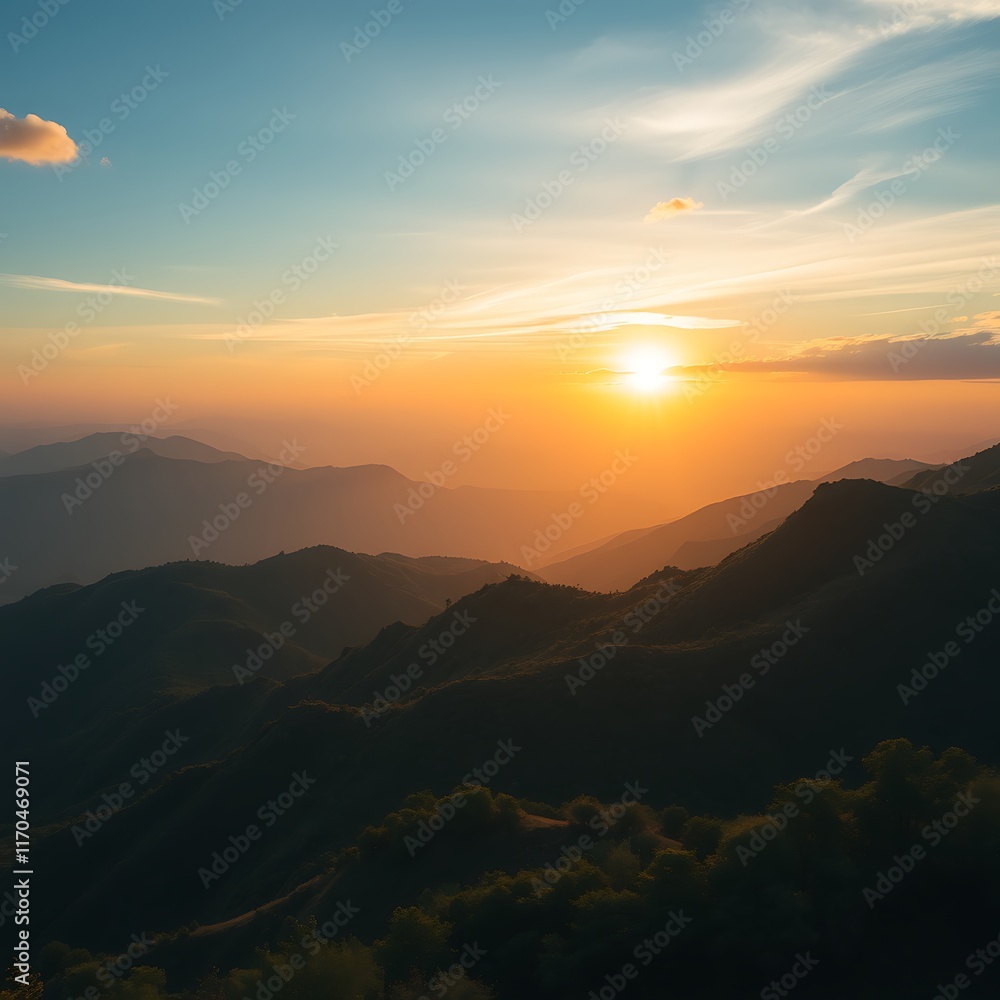 Obraz premium Majestic sunset over a vast mountain range, showcasing layers of hills and valleys bathed in golden hour light.
