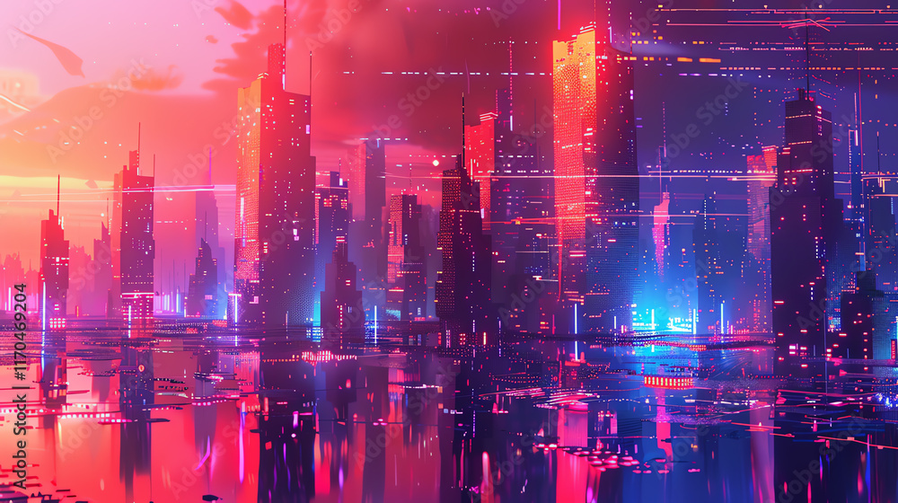 Obraz premium Illustrate a futuristic cityscape in pixel art form, with abstract geometric shapes in a symphony of neon colors, using glitch art techniques to portray a surreal and edgy landscape