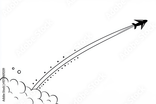 Vector Line Drawing of a Plane Taking off Amidst Smoke and Clouds, Depicting Flight and Adventure in Black and White