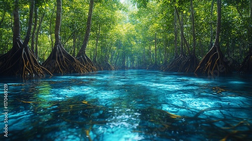Serene Mangrove Forest River Scene With Vivid Blue Water