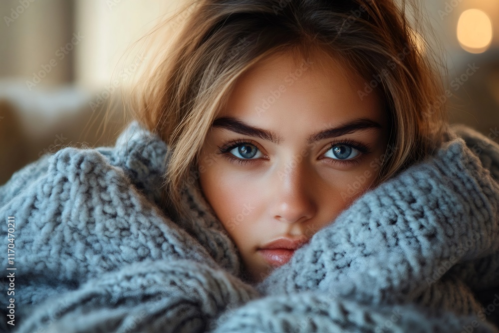Beautiful young woman with blue eyes wrapped in cozy grey sweater Beautiful young woman with blue eyes wrapped in cozy grey sweater