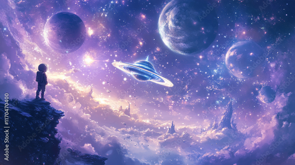 Border frame with space planets, stars, spaceship and astronaut at starry galaxy, vector cartoon background. Kid spaceman with alien UFO and galactic planets or stars in sky frame for copy space Border frame with space planets, stars, spaceship and astronaut at starry galaxy, vector cartoon background. Kid spaceman with alien UFO and galactic planets or stars in sky frame for copy space