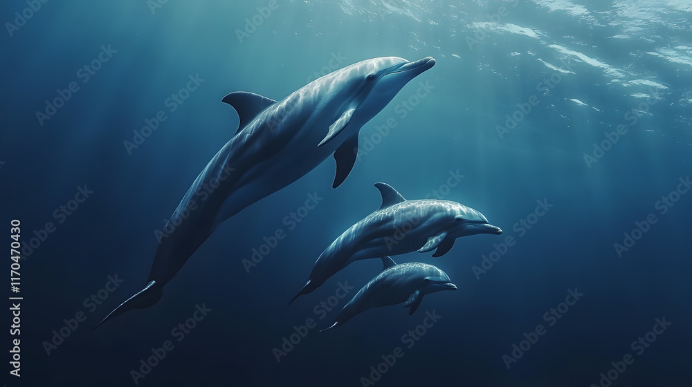 A dolphin and its calf swimming in the open ocean, with a calm sea as the background, during a quiet afternoon A dolphin and its calf swimming in the open ocean, with a calm sea as the background, during a quiet afternoon