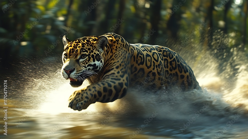 Majestic Jaguar Leaping Through Water in Jungle