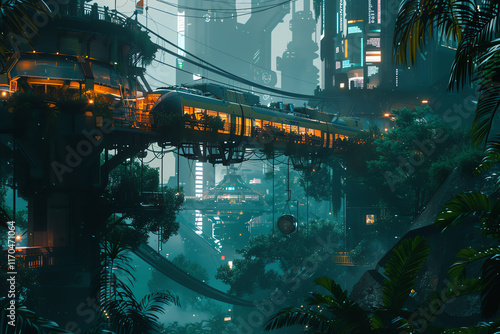 Immerse the audience in a digital metropolis unlike any other, blending cyberpunk aesthetics with serene nature elements Use CG 3D rendering to showcase intricate details of urban life from unique vie
