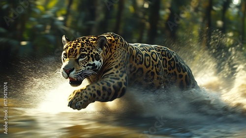 Obraz na płótnie Majestic Jaguar Leaping Through Water in Jungle w salonie