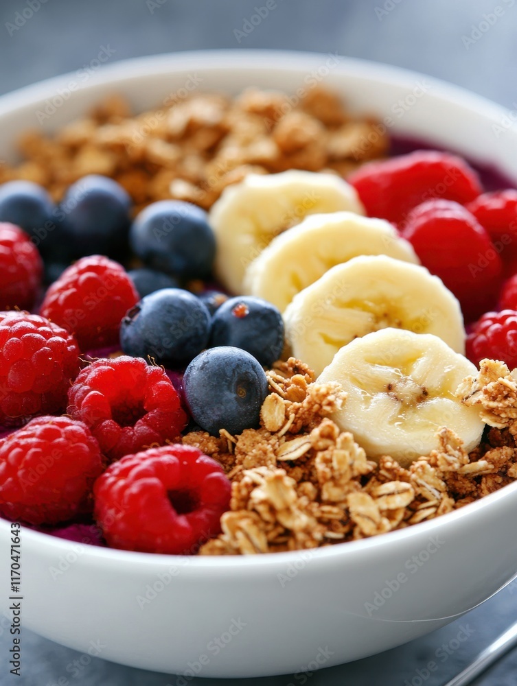 Close-up view of a vibrant acai bowl topped with fresh fruit and crunchy granola in a cozy setting Close-up view of a vibrant acai bowl topped with fresh fruit and crunchy granola in a cozy setting
