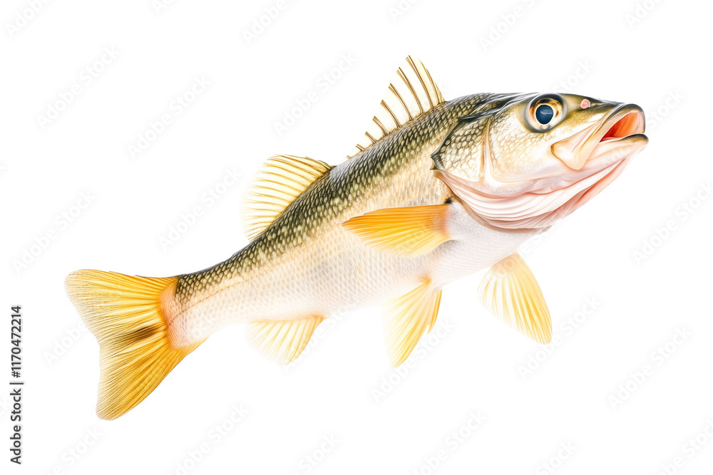 Freshwater Walleye fish with vivid golden fins and detailed scales isolated on white transparent background. Freshwater Walleye fish with vivid golden fins and detailed scales isolated on white transparent background.