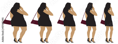 Conceptual fat overweight obese female vs slim fit healthy body after weight loss or diet on white background banner. A  fitness, nutrition or obesity, health shape illustration vector as silhouettes