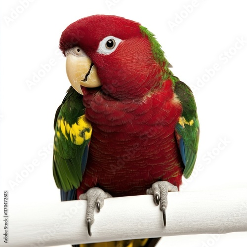 Red parrot perched, studio shot, white background, pet photo