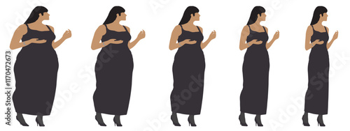 Conceptual fat overweight obese female vs slim fit healthy body after weight loss or diet on white background banner. A  fitness, nutrition or obesity, health shape illustration vector as silhouettes