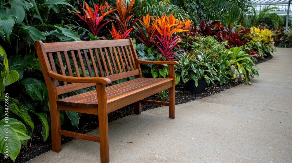 Relaxing in nature wooden bench surrounded by vibrant plants in a greenhouse serene garden view Relaxing in nature wooden bench surrounded by vibrant plants in a greenhouse serene garden view