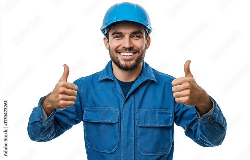 A cheerful worker in a blue outfit gives a thumbs up on a white background. A cheerful worker in a blue outfit gives a thumbs up on a white background.