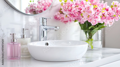 Modern bathroom sink with pink flowers and soap dispensers.