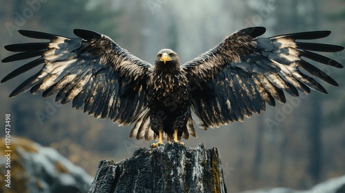 Majestic eagle wings spread, perched on stump, waterfall background, wildlife poster photo