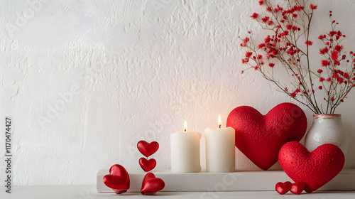 3d realistic photos of valentines day in white background with heart and ballon and candle