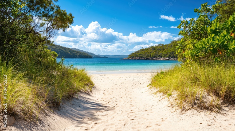 Serene Pathway Leading to a Beautiful Tropical Beach Surrounded by Lush Greenery and Calm Waters