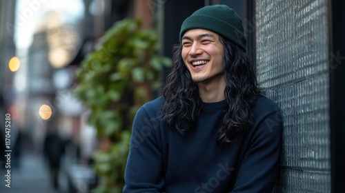 Young man with long black hair smiles while leaning against a textured wall in an urban setting during late afternoon