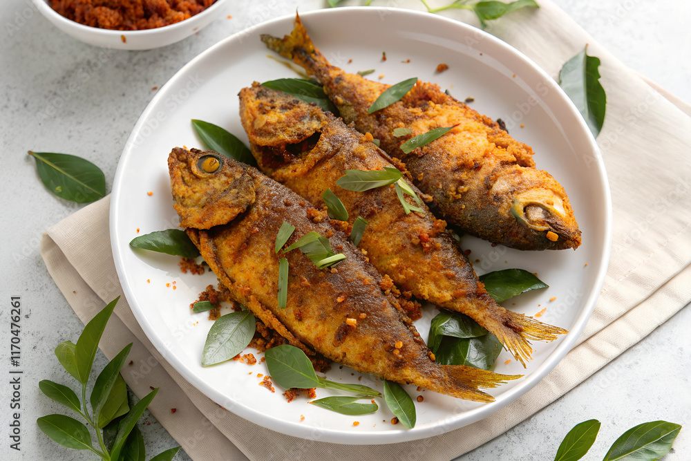 Indian-style red masala grilled fish fry with aromatic roasted coriander on a white plate, ideal for culinary presentations. Indian-style red masala grilled fish fry with aromatic roasted coriander on a white plate, ideal for culinary presentations.