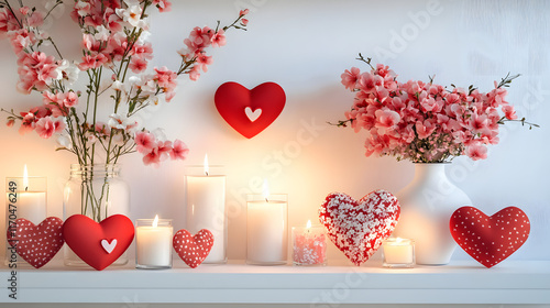 3d realistic photos of valentines day in white background with heart and ballon and candle 
