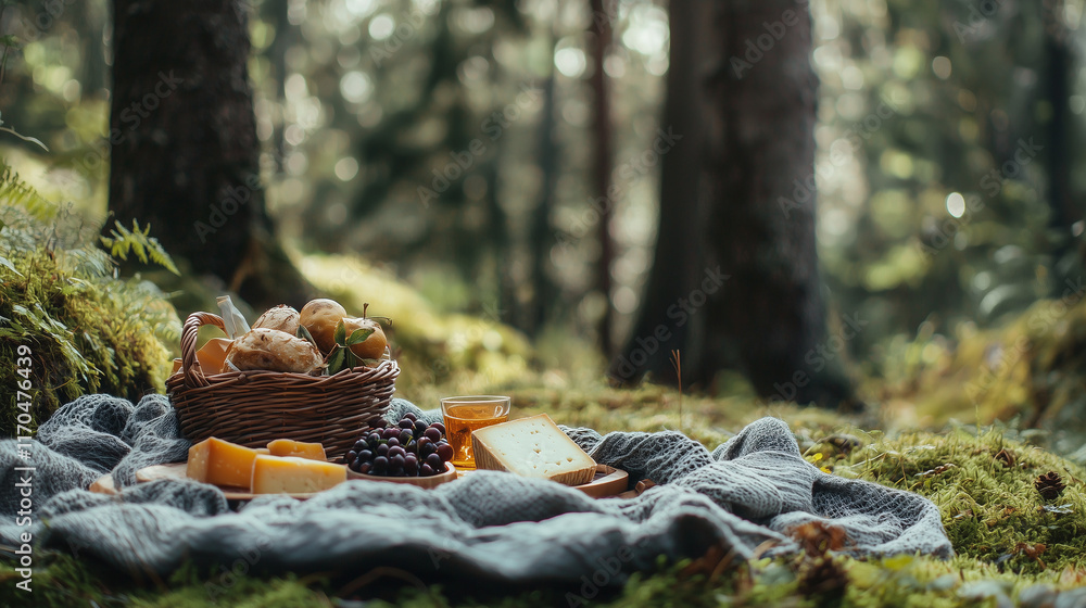 Obraz premium A Picnic Blanket Spread on Moss with Fresh Berries, Cheese, and Bread Surrounded by Towering Trees