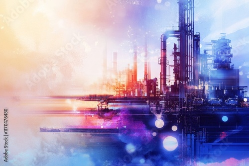 Abstract representation of a futuristic industrial landscape with colorful lights and structures, showcasing the evolution of manufacturing and energy production in a digital era photo