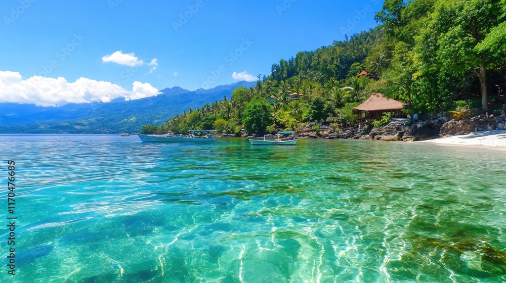 Fototapeta premium Breathtaking Tropical Beach with Crystal Clear Water and Lush Green Landscape under Blue Sky