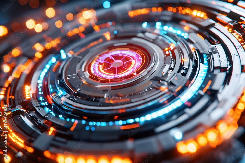 Futuristic Abstract Technology Design with Circular Patterns and Neon Light Effects Futuristic Abstract Technology Design with Circular Patterns and Neon Light Effects