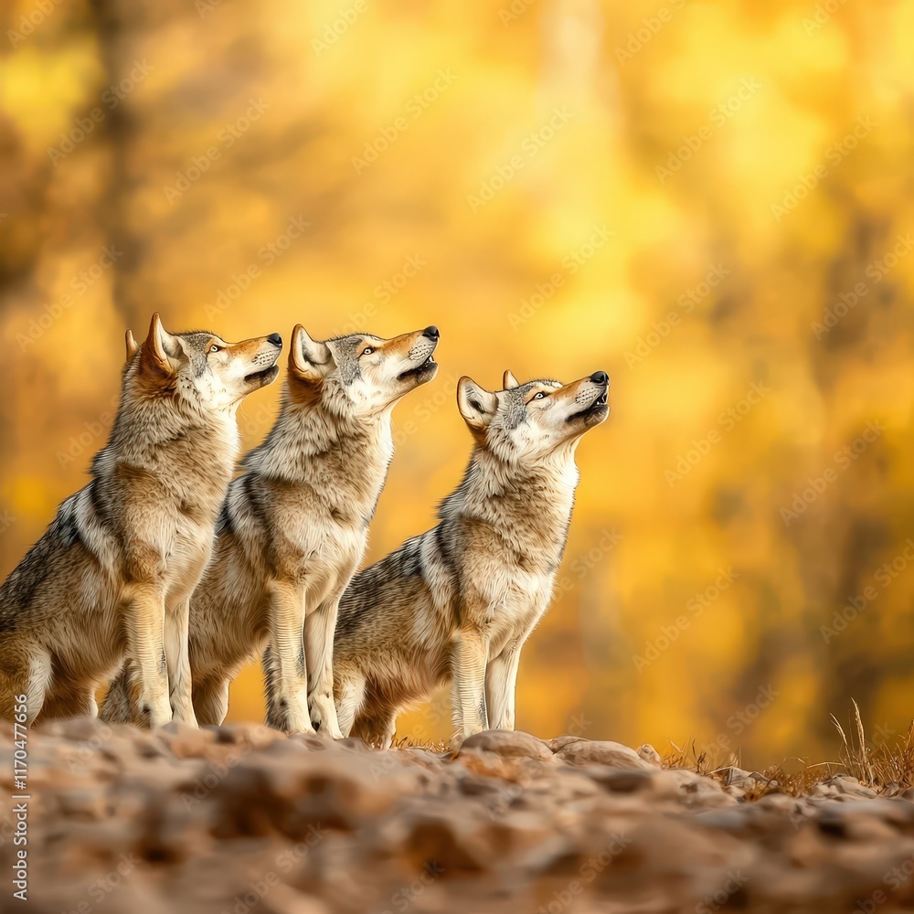 Fototapeta premium A wolf pack working together to teach their pups survival skills.