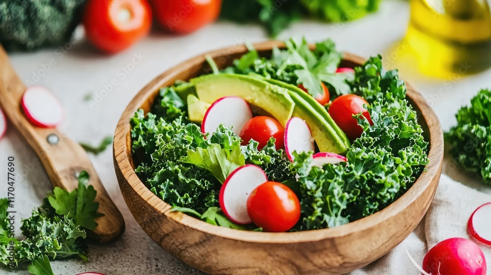 Fresh Healthy Salad with Tomatoes, Avocado, Radishes, and Greens in a Rustic Wooden Bowl Fresh Healthy Salad with Tomatoes, Avocado, Radishes, and Greens in a Rustic Wooden Bowl