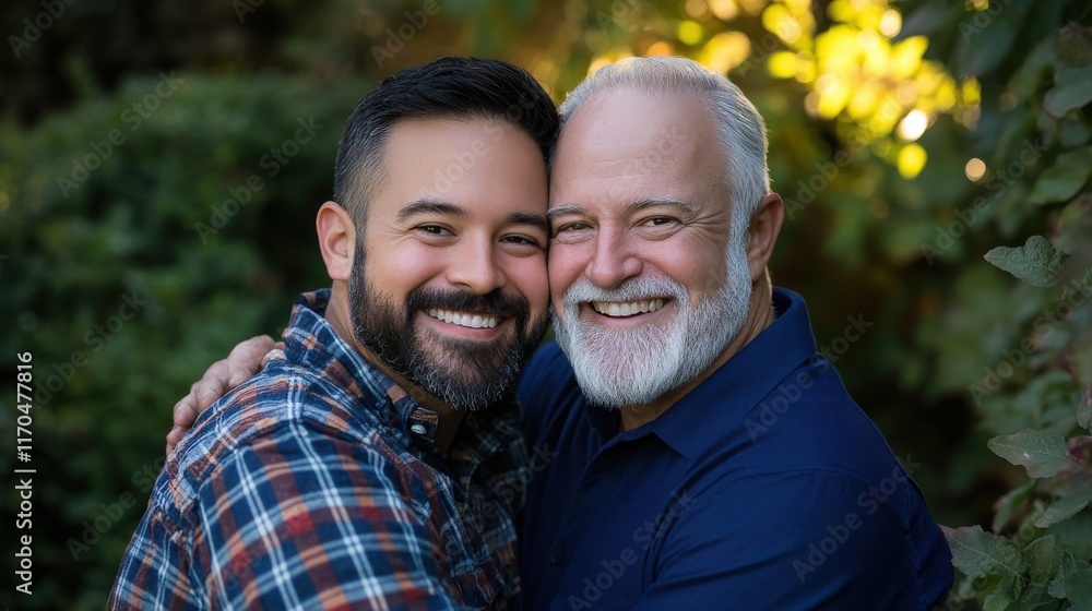 Fototapeta premium Emotional family portrait capturing a younger man embracing his father in a lush garden setting amidst warm sunlight