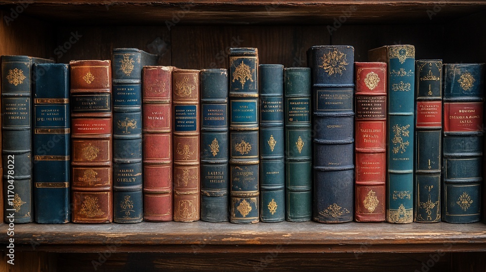 Naklejka premium Antique Books Line Shelf Wooden Background