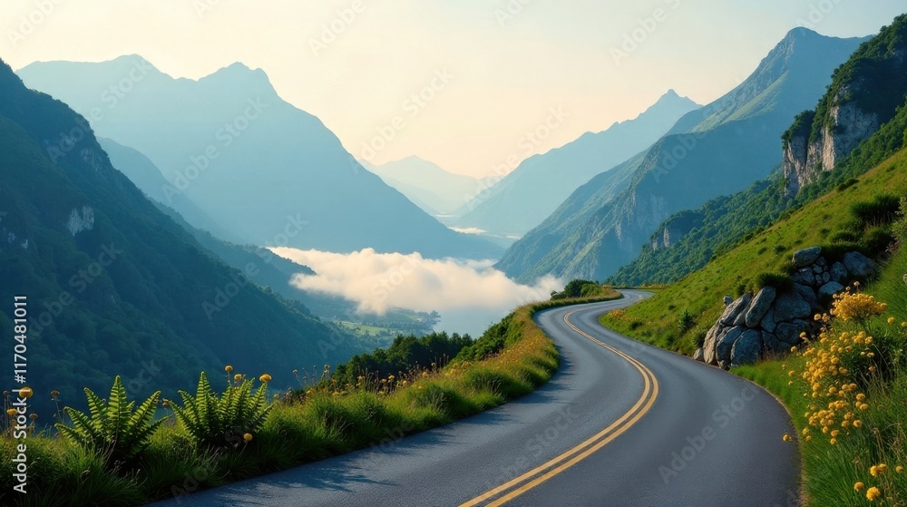 Naklejka premium Scenic Winding Road Through Majestic Mountain Valley with Morning Mist