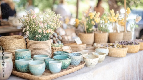 Wallpaper Mural Serene meadow market showcasing handmade pottery and floral arrangements Torontodigital.ca