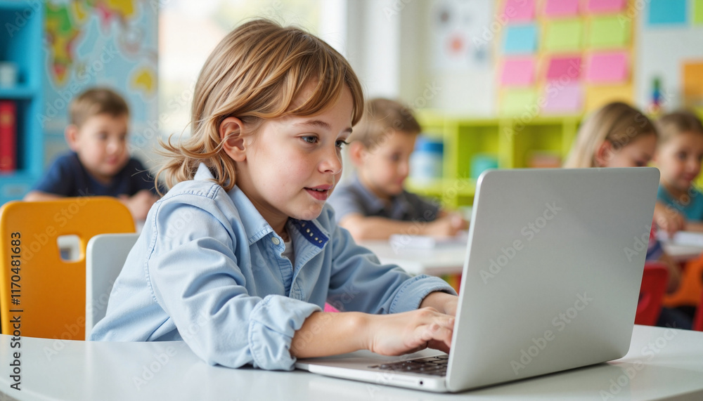 Focused child learning online in vibrant classroom, Safer Internet Day Focused child learning online in vibrant classroom, Safer Internet Day