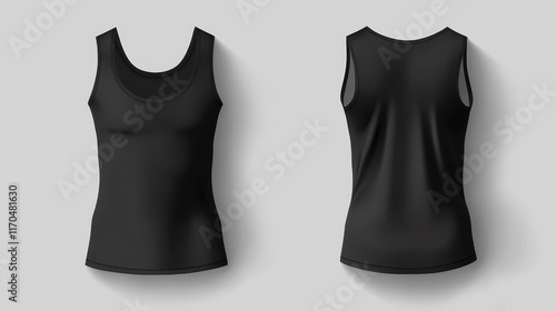 Realistic black male singlet mockup side view. Isolated vector 3d template of athletic wear, fitness apparel, sportswear or undershirt with round neck and straps, clothes branding mock up photo