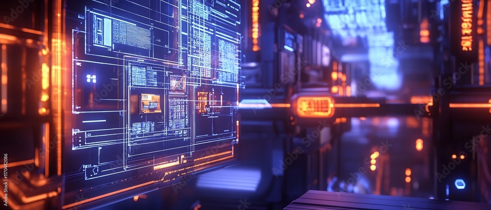 Technician Installing Futuristic Device with Glowing Digital Blueprints and Holographic Indicators Technician Installing Futuristic Device with Glowing Digital Blueprints and Holographic Indicators