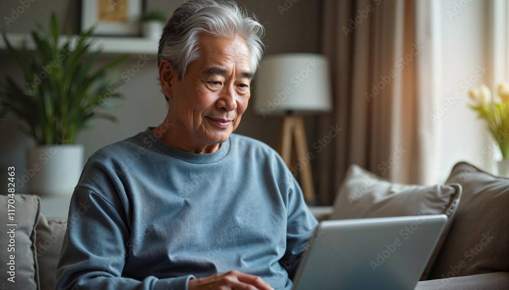 Elderly Asian man exploring technology at home, empowerment through learning Elderly Asian man exploring technology at home, empowerment through learning